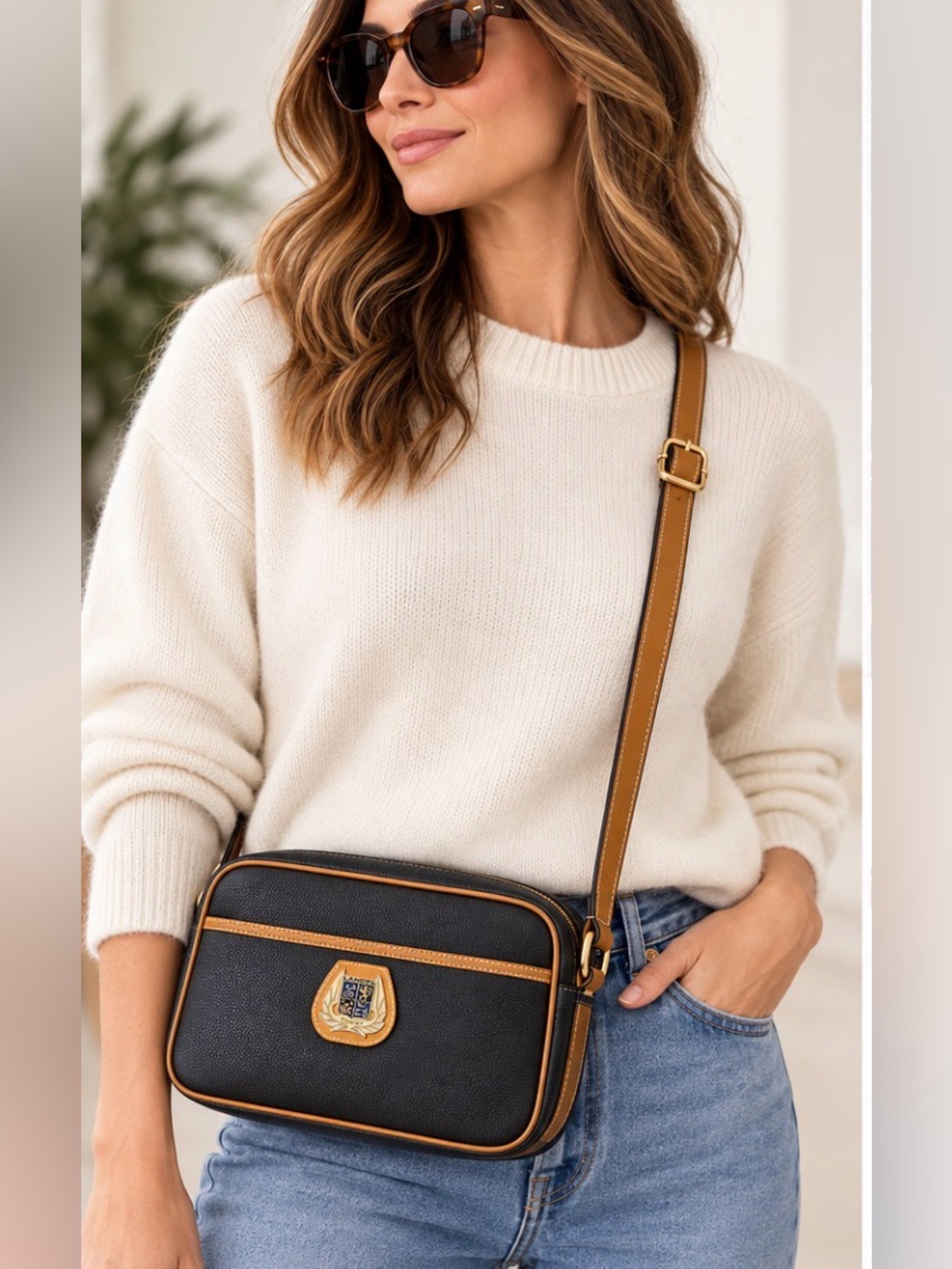 Vintage Lancel Black/Brown Crossbody Shoulder Bag Leather-Trim Classic Luxury